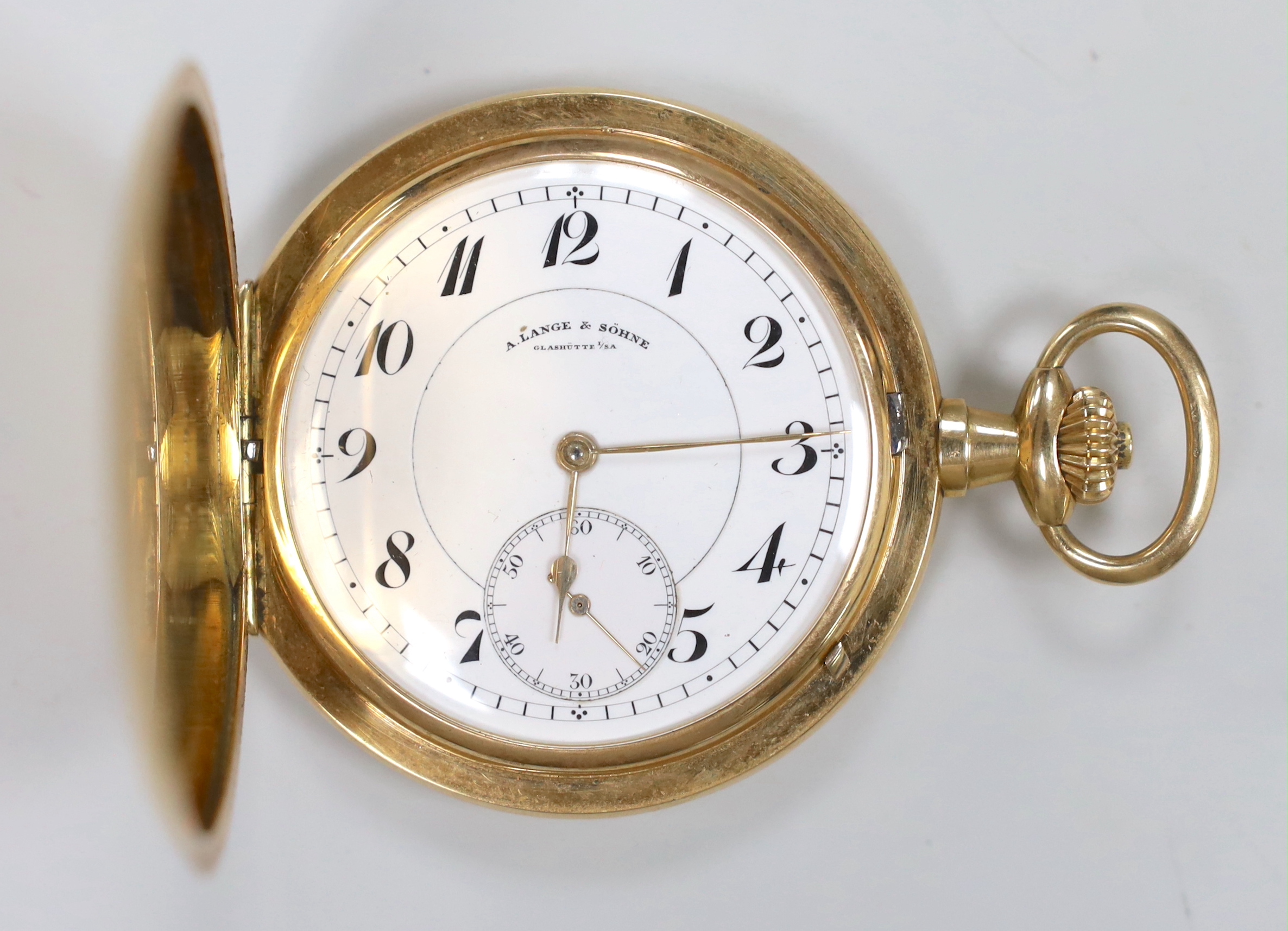 A Swiss 14k keyless hunter pocket watch by A. Lange & Sohne, with Arabic dial and subsidiary seconds, case diameter 52mm, gross weight 84 grams, with box.